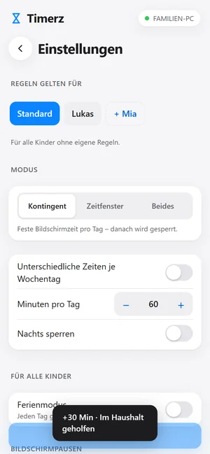 Timerz Eltern-App: Einstellungen für Regeln, Pausen und Lernzeit direkt vom Handy.